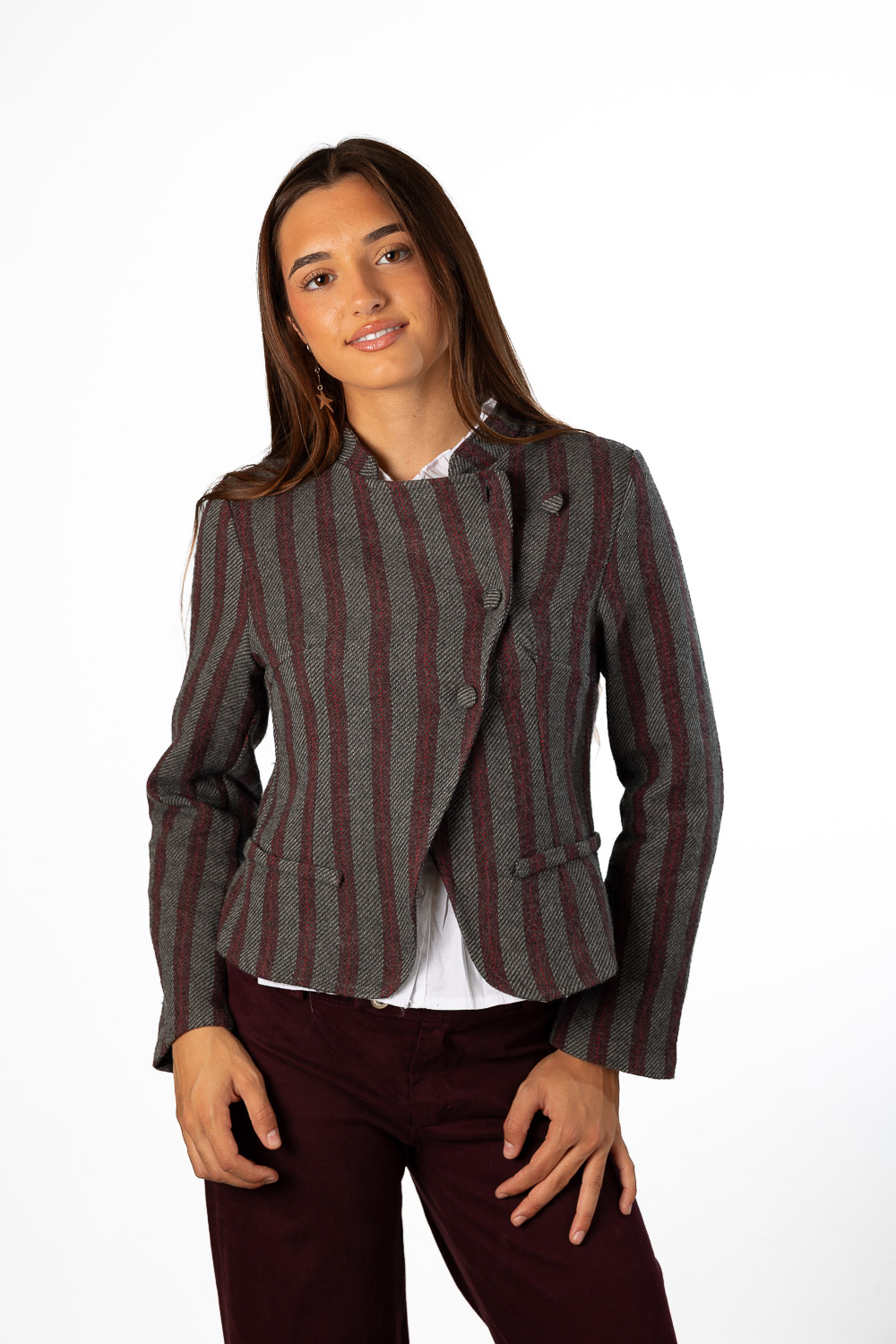 Chaqueta Rayas Botones Gris y Burdeos