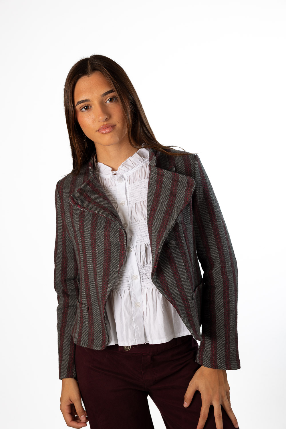 Chaqueta Rayas Botones Gris y Burdeos
