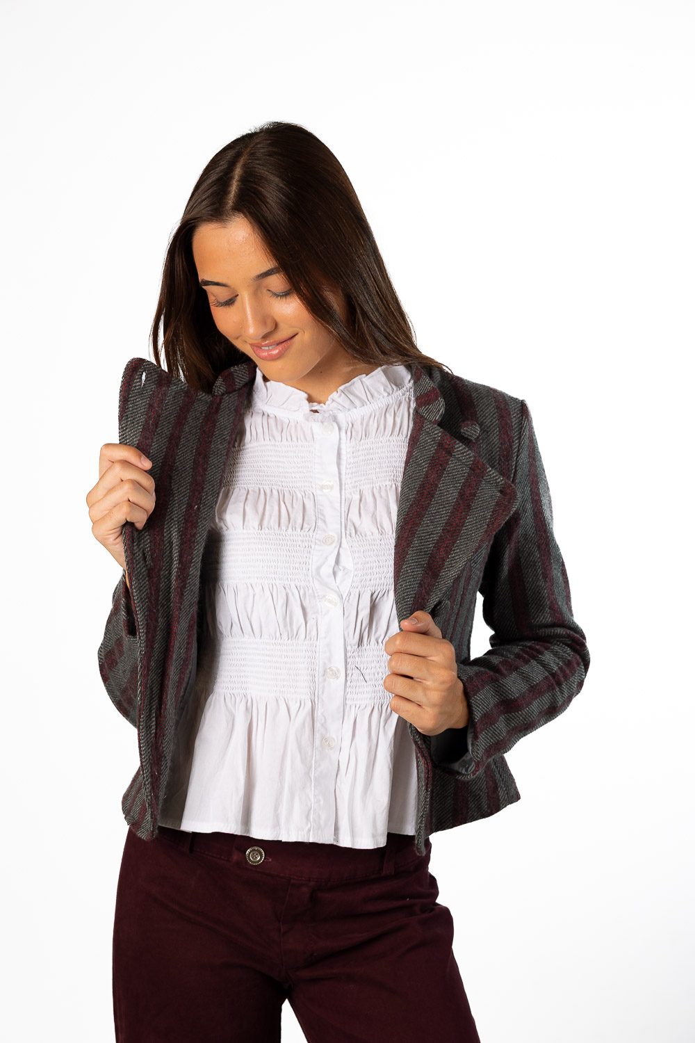 Chaqueta Rayas Botones Gris y Burdeos