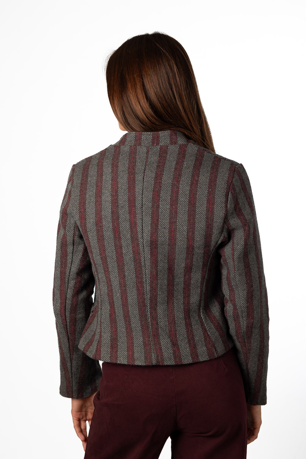 Chaqueta Rayas Botones Gris y Burdeos